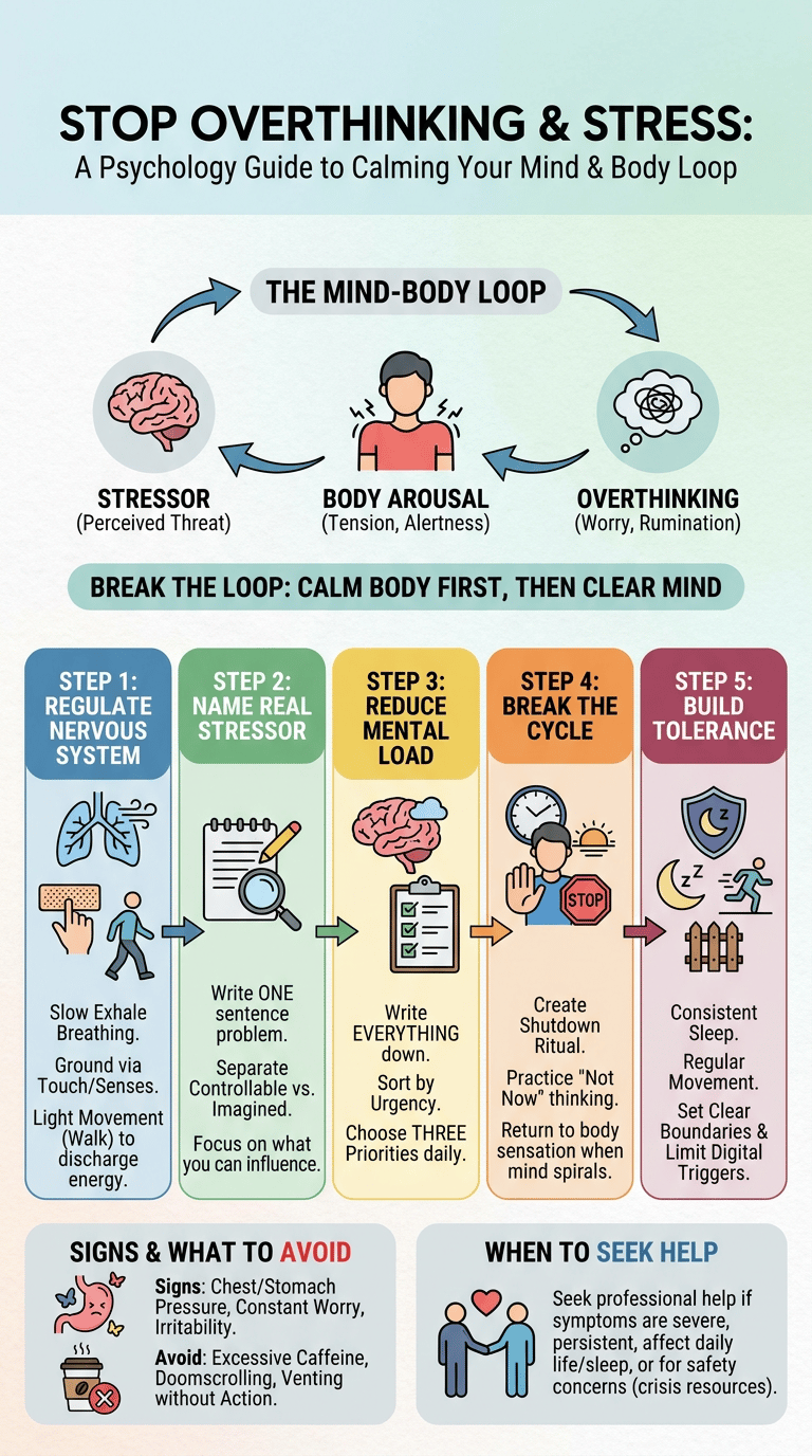How to Stop Overthinking and Stress: A Psychology Guide to Calming Your Mind and Body infographic