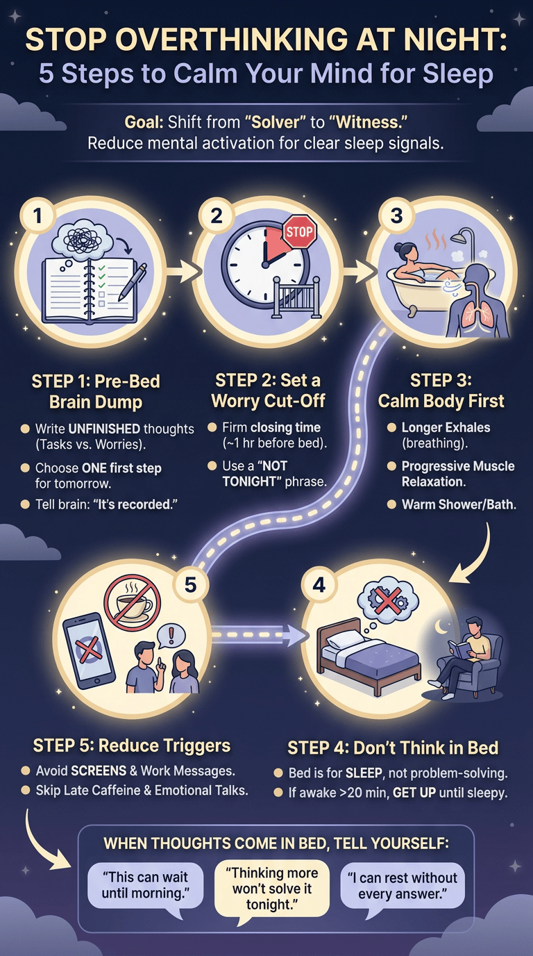 How to Stop Thinking Too Much at Night: Psychology-Based Ways to Calm Your Mind Before Sleep infographic