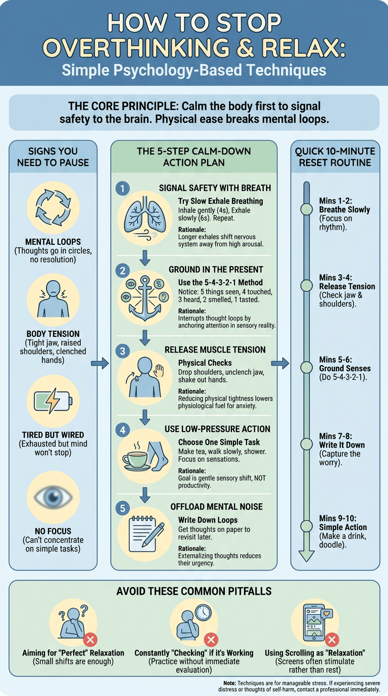 How to Stop Thinking Too Much and Relax: Simple Psychology-Based Techniques infographic