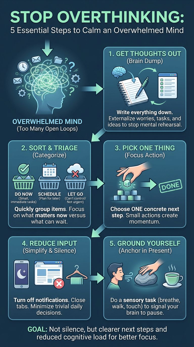 How to Stop Thinking About Everything When Your Mind Feels Overwhelmed infographic