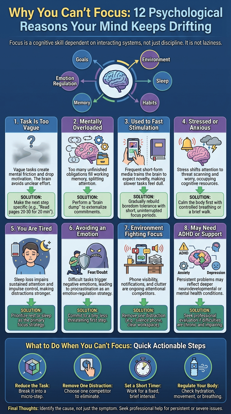 Why You Can’t Focus: 12 Psychological Reasons Your Mind Keeps Drifting infographic