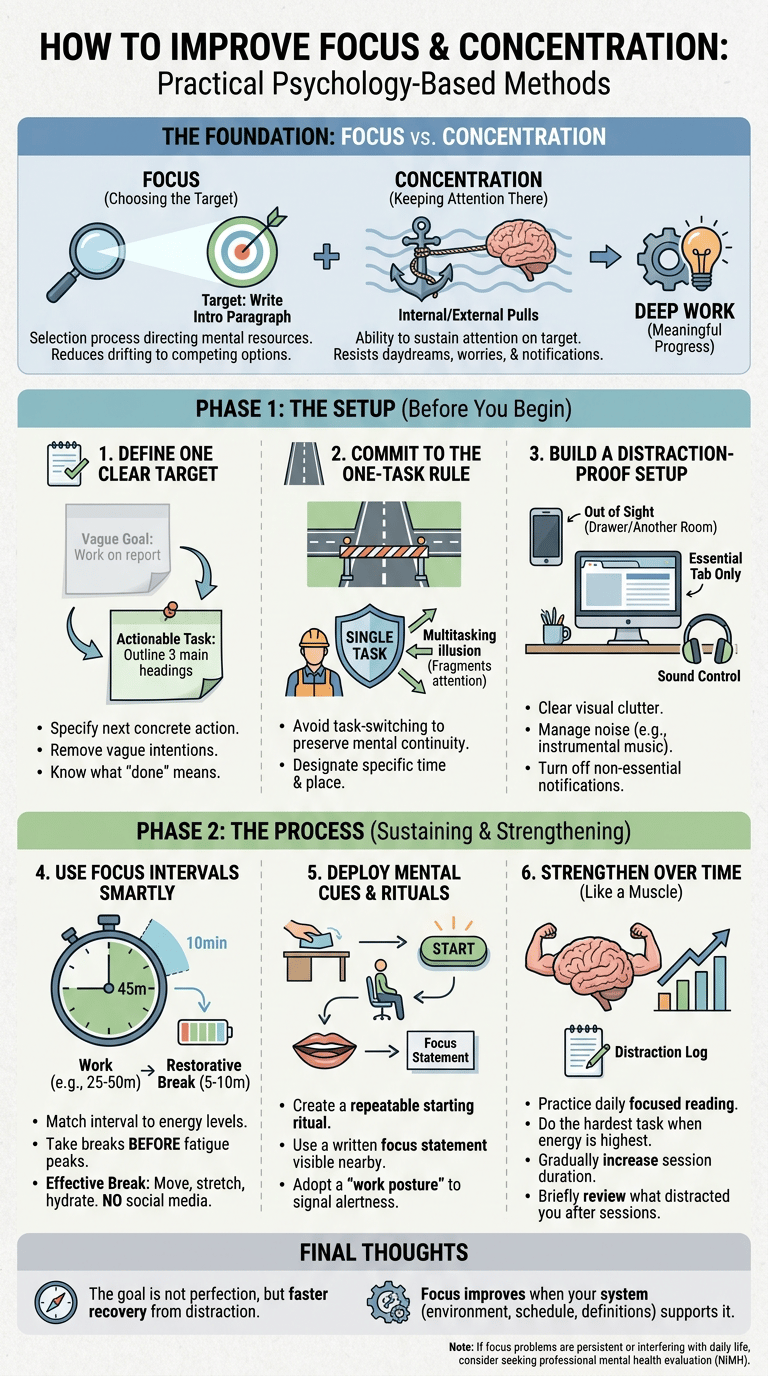 How to Improve Focus and Concentration: Practical Psychology-Based Methods infographic