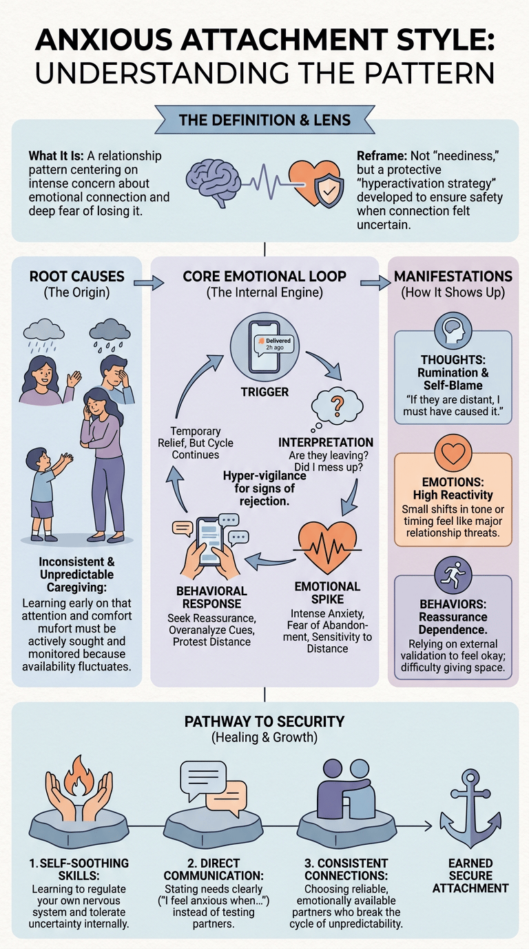 Anxious Attachment Style: Meaning, Causes, and Emotional Patterns infographic