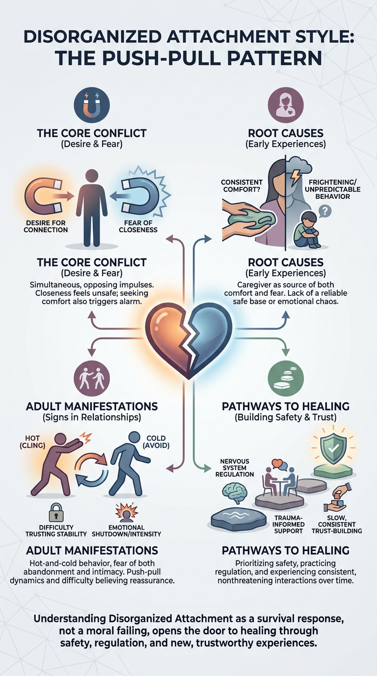 Disorganized Attachment Style: Meaning, Signs, and Emotional Patterns infographic