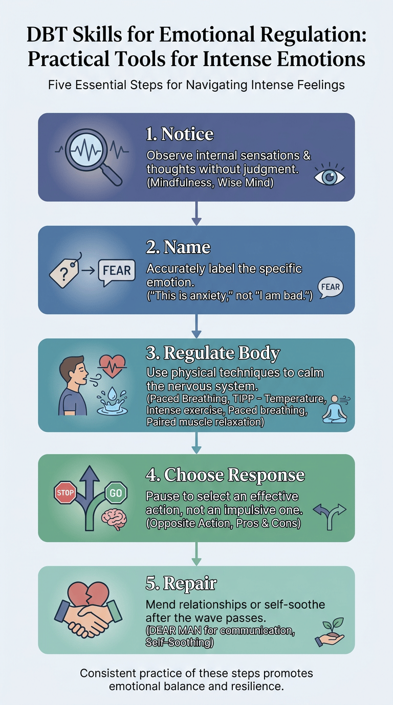 DBT Skills for Emotional Regulation: Practical Tools for Intense Emotions infographic