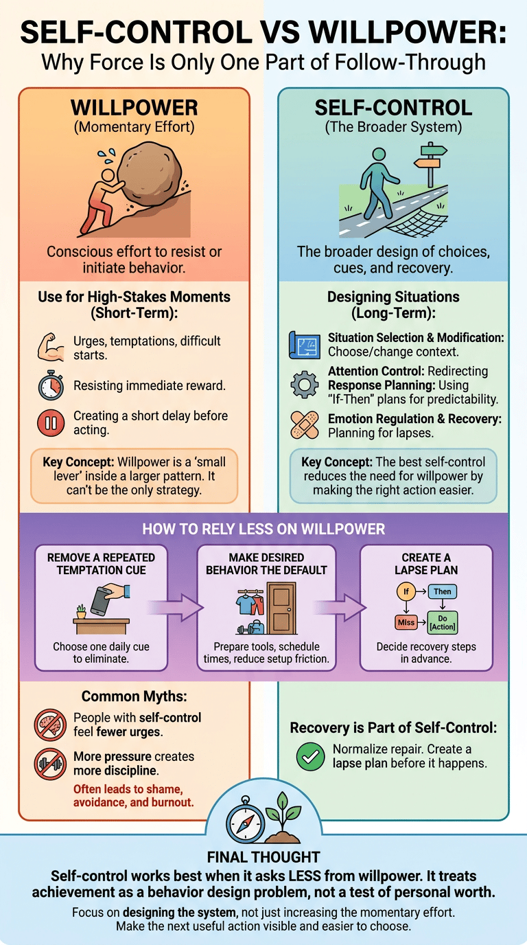 Self-Control vs Willpower: Why Force Is Only One Part of Follow-Through infographic
