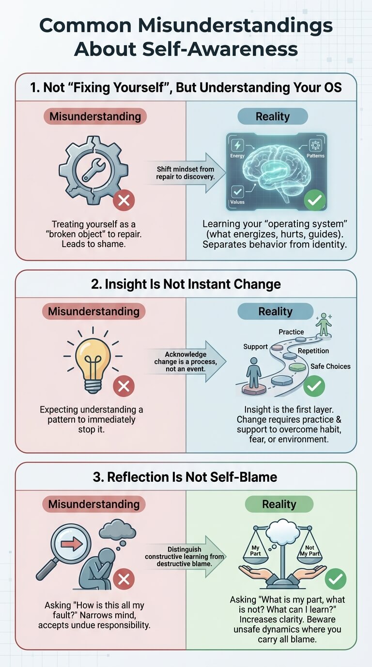 Self Awareness Psychology: How Understanding Yourself Shapes Identity and Behavior infographic - Common Misunderstandings About Self-Awareness