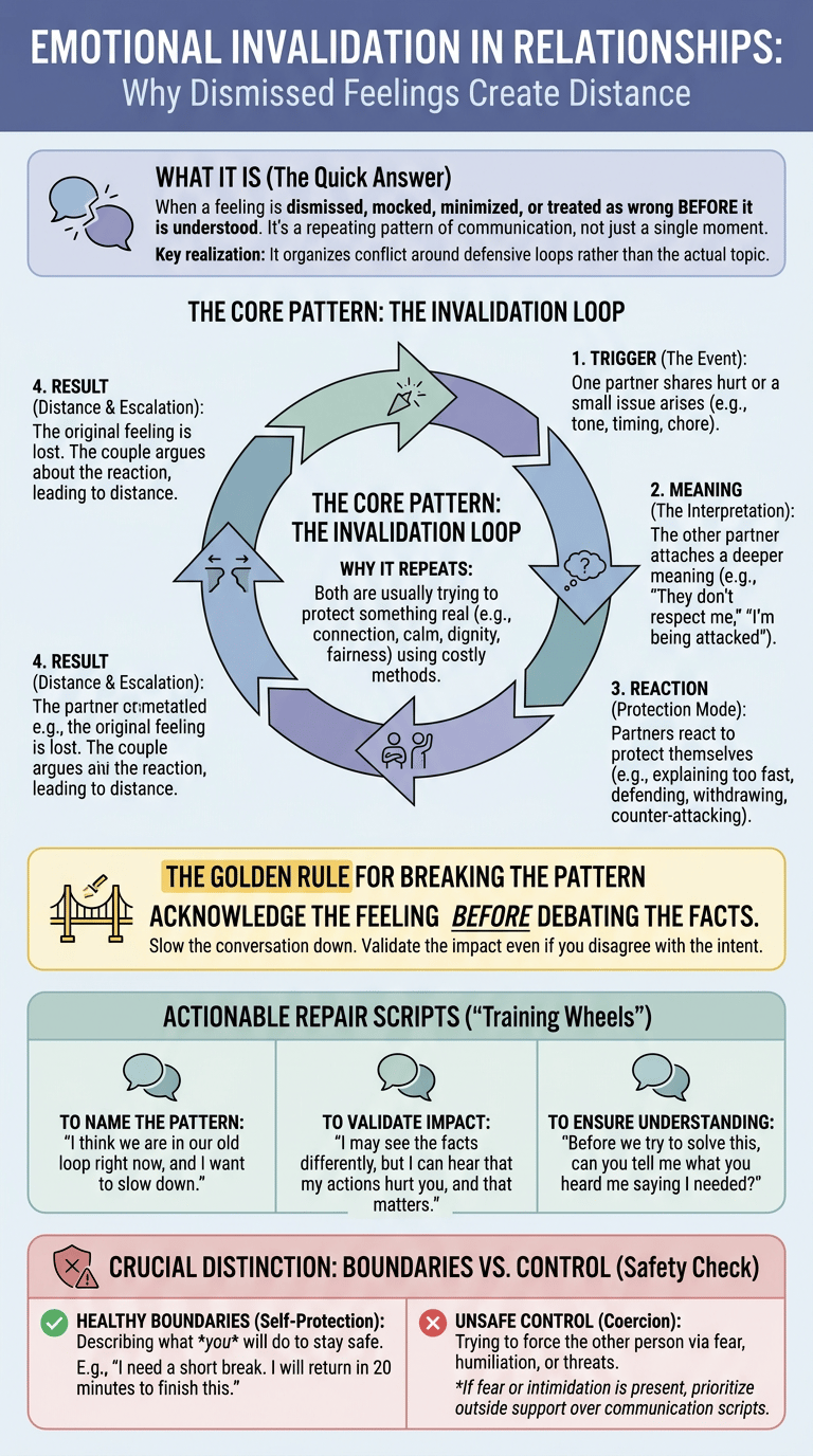 Emotional Invalidation in Relationships: Why Dismissed Feelings Create Distance infographic full article