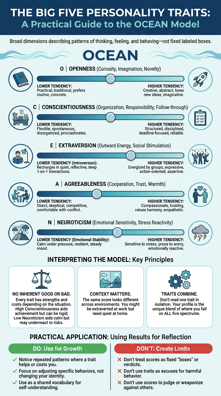 Big Five Personality Traits: A Practical Guide to the OCEAN Model infographic full article