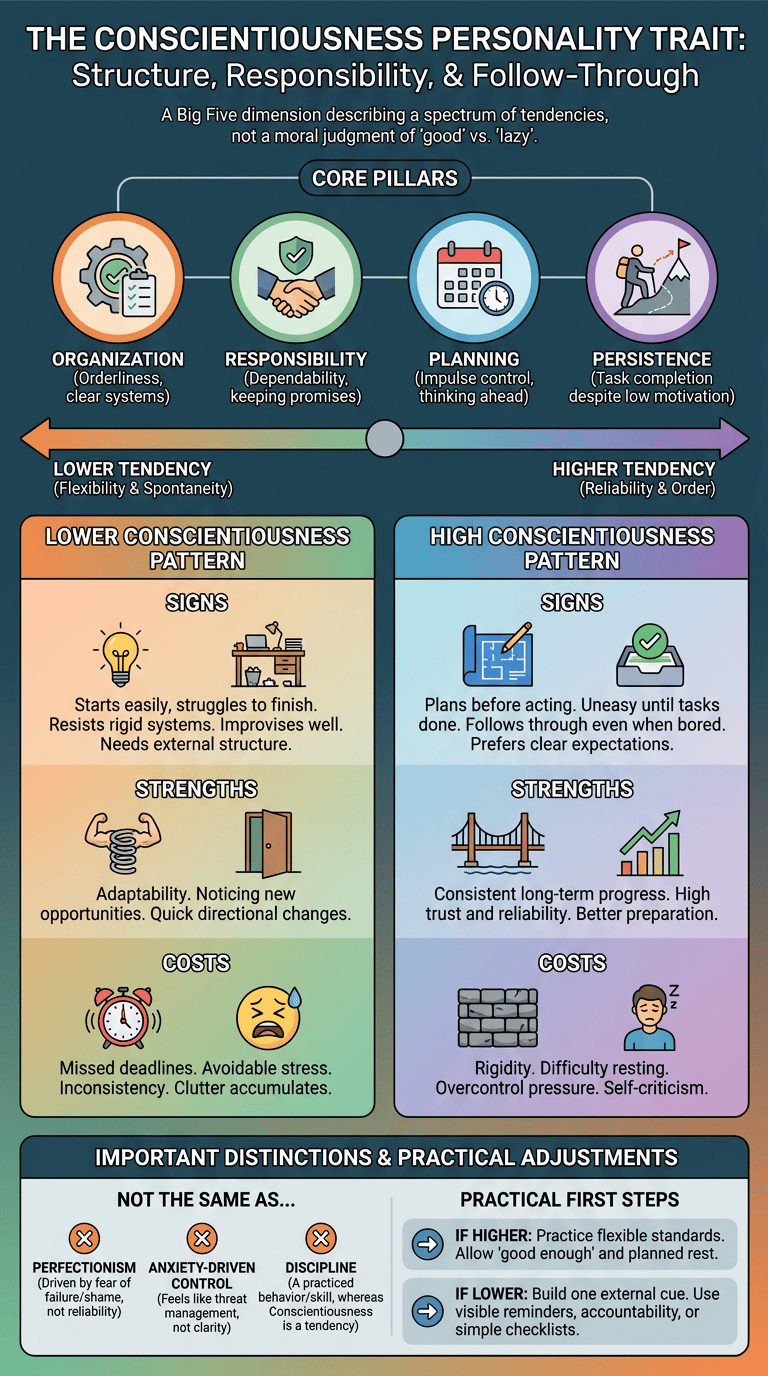 Conscientiousness Personality Trait: What It Means for Structure, Responsibility, and Follow-Through infographic full article