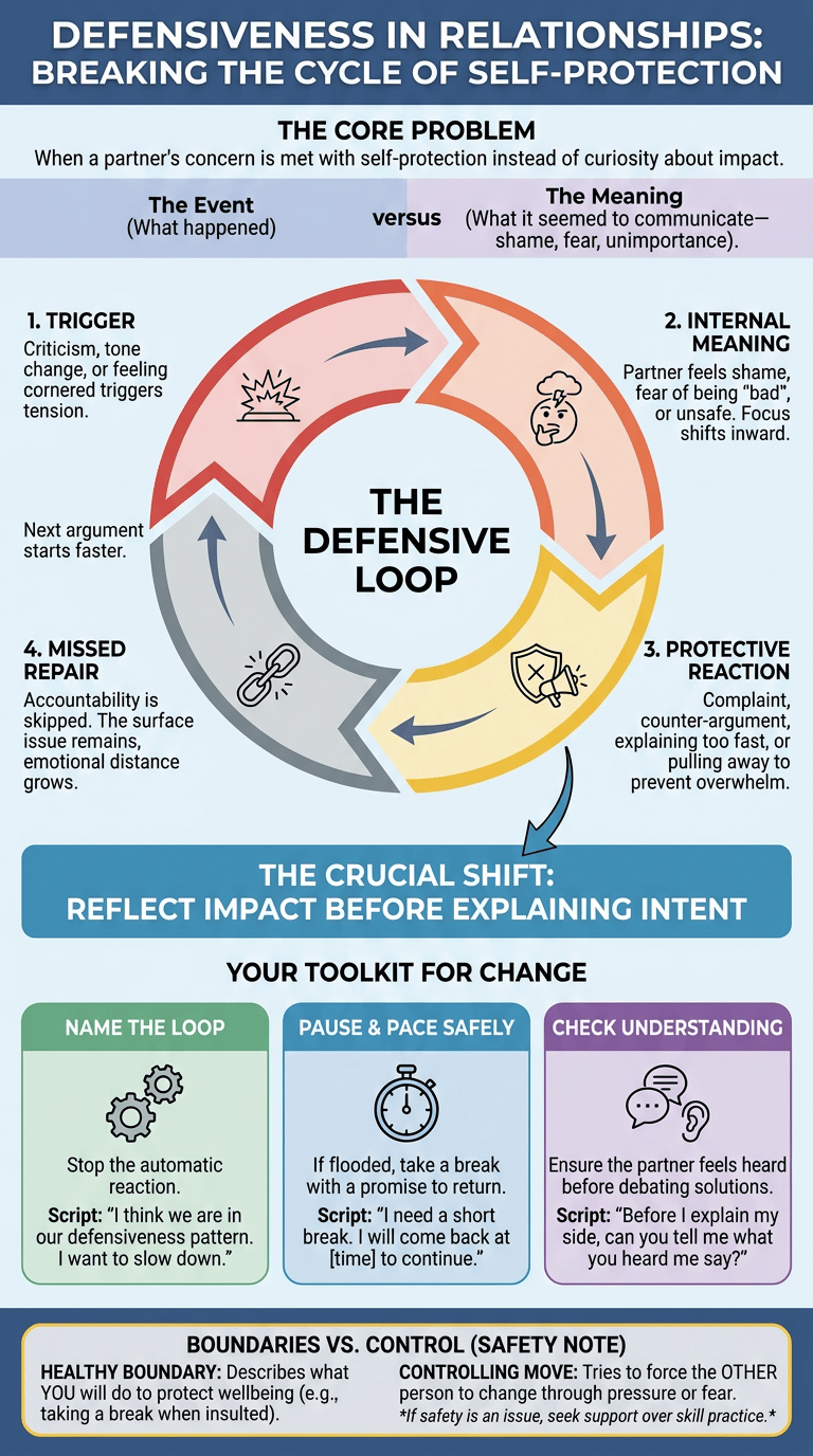 Defensiveness in Relationships: Why Self-Protection Blocks Real Repair infographic full article