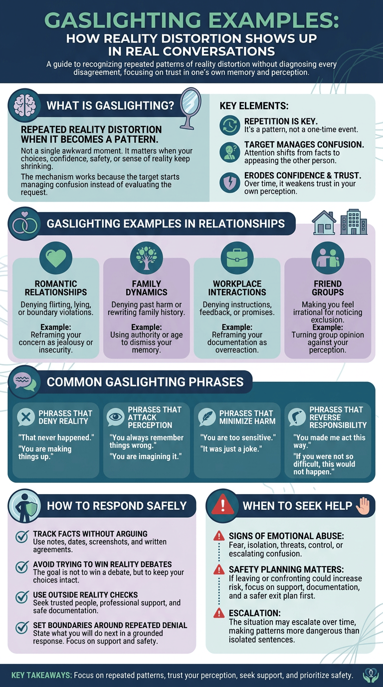 Gaslighting Examples: How Reality Distortion Shows Up in Real Conversations infographic