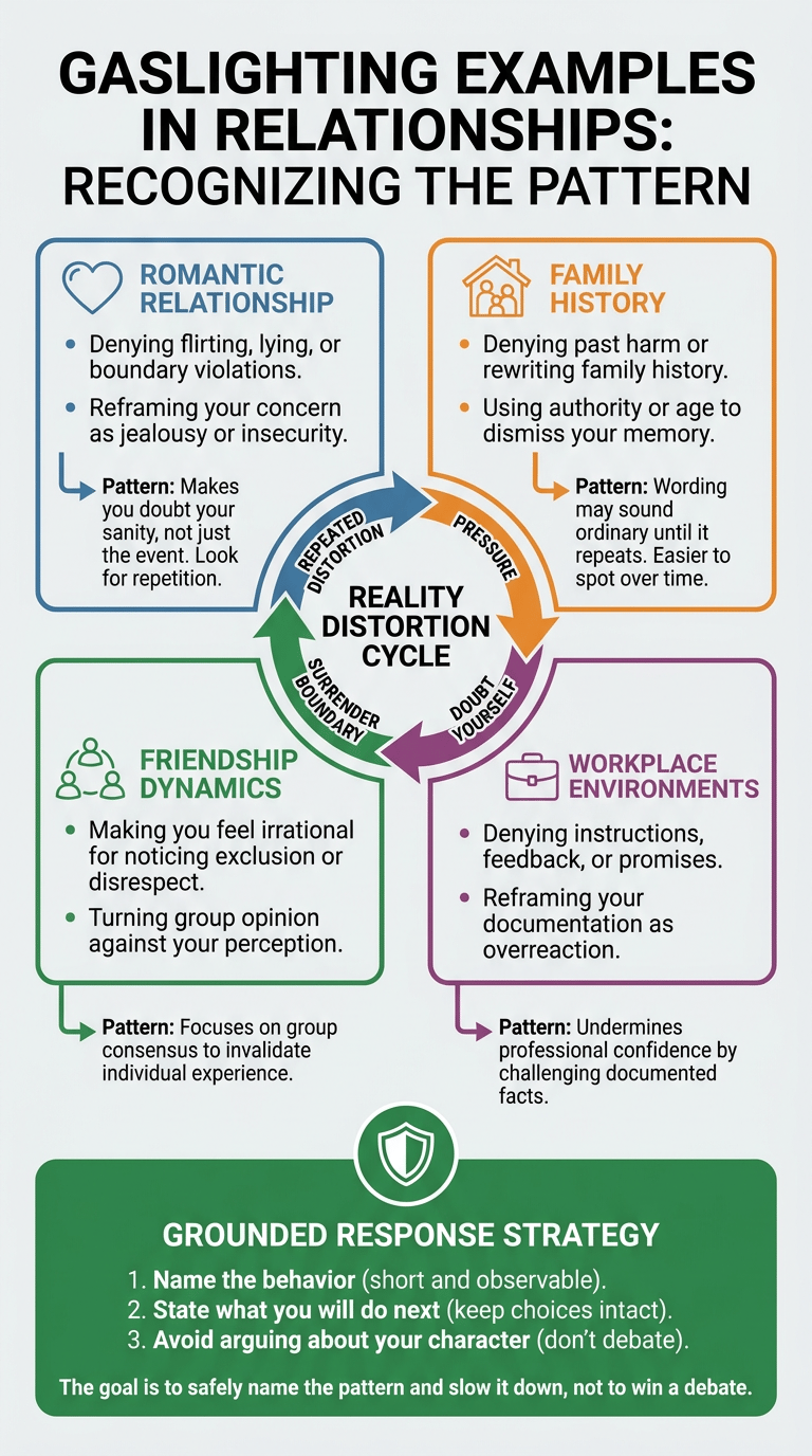 Gaslighting Examples: How Reality Distortion Shows Up in Real Conversations infographic