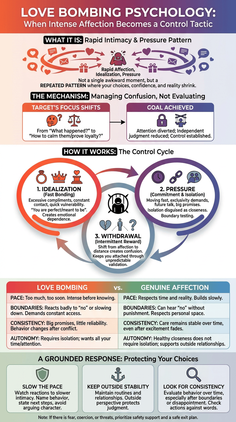 Love Bombing Psychology: Why Intense Affection Can Become a Control Tactic infographic