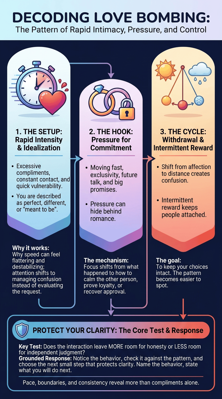 Love Bombing Psychology: Why Intense Affection Can Become a Control Tactic infographic