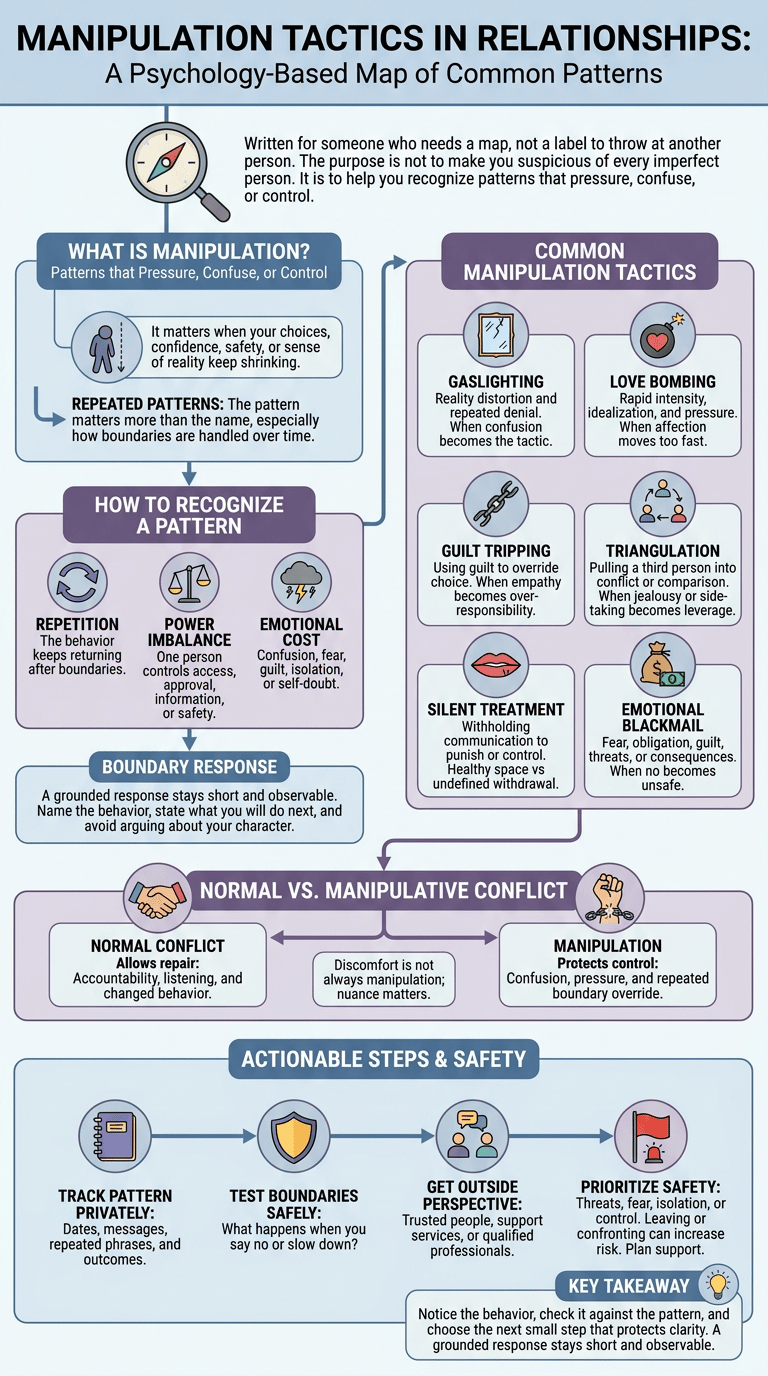Manipulation Tactics in Relationships: A Psychology-Based Map of Common Patterns infographic