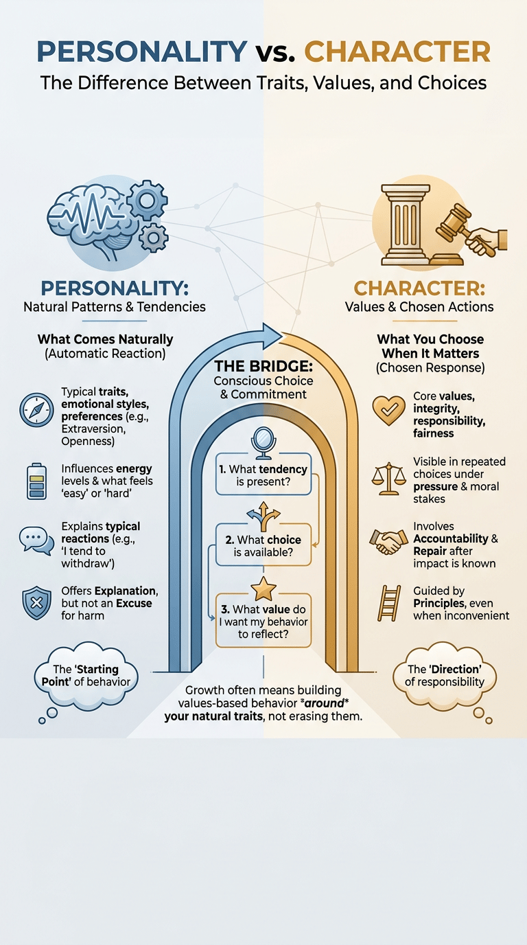 Personality vs Character: The Difference Between Traits, Values, and Choices infographic full article