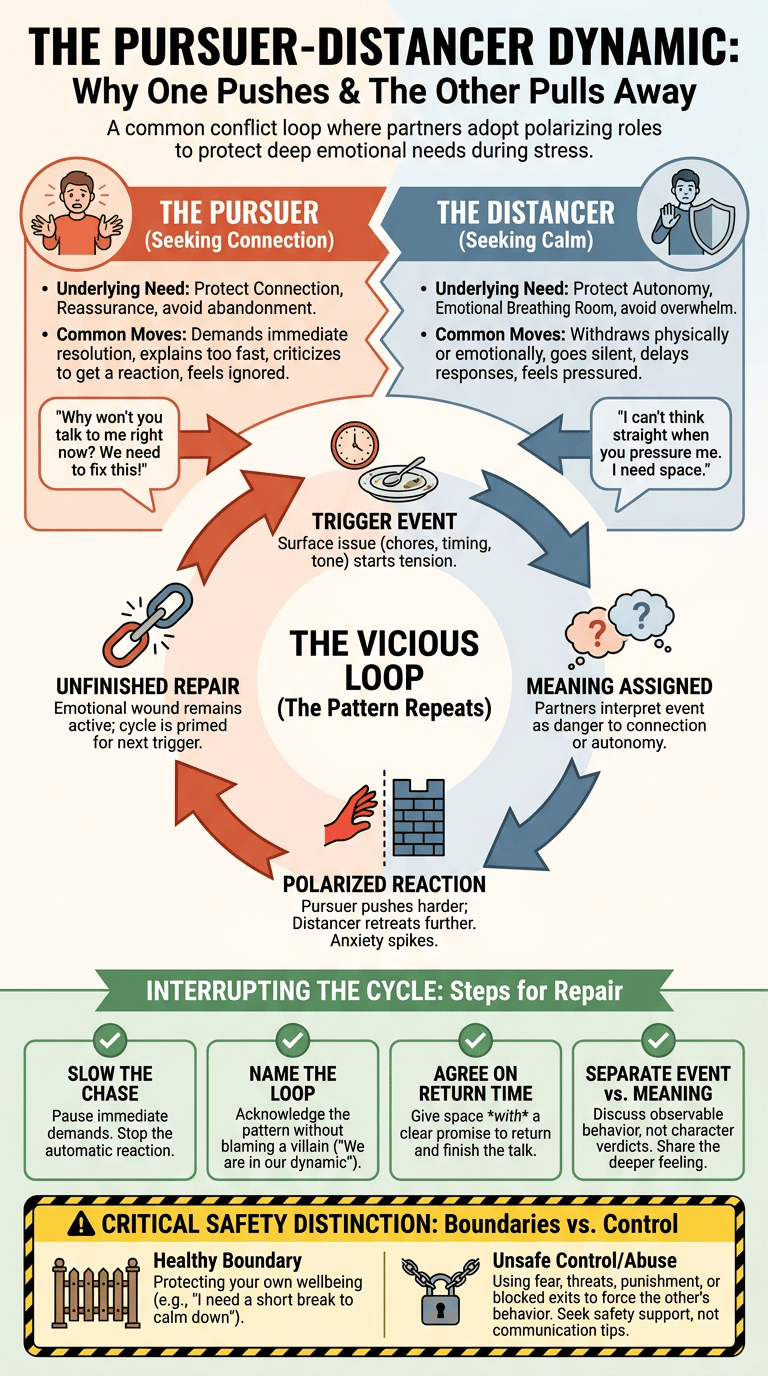 Pursuer Distancer Dynamic: Why One Partner Pushes While the Other Pulls Away infographic full article