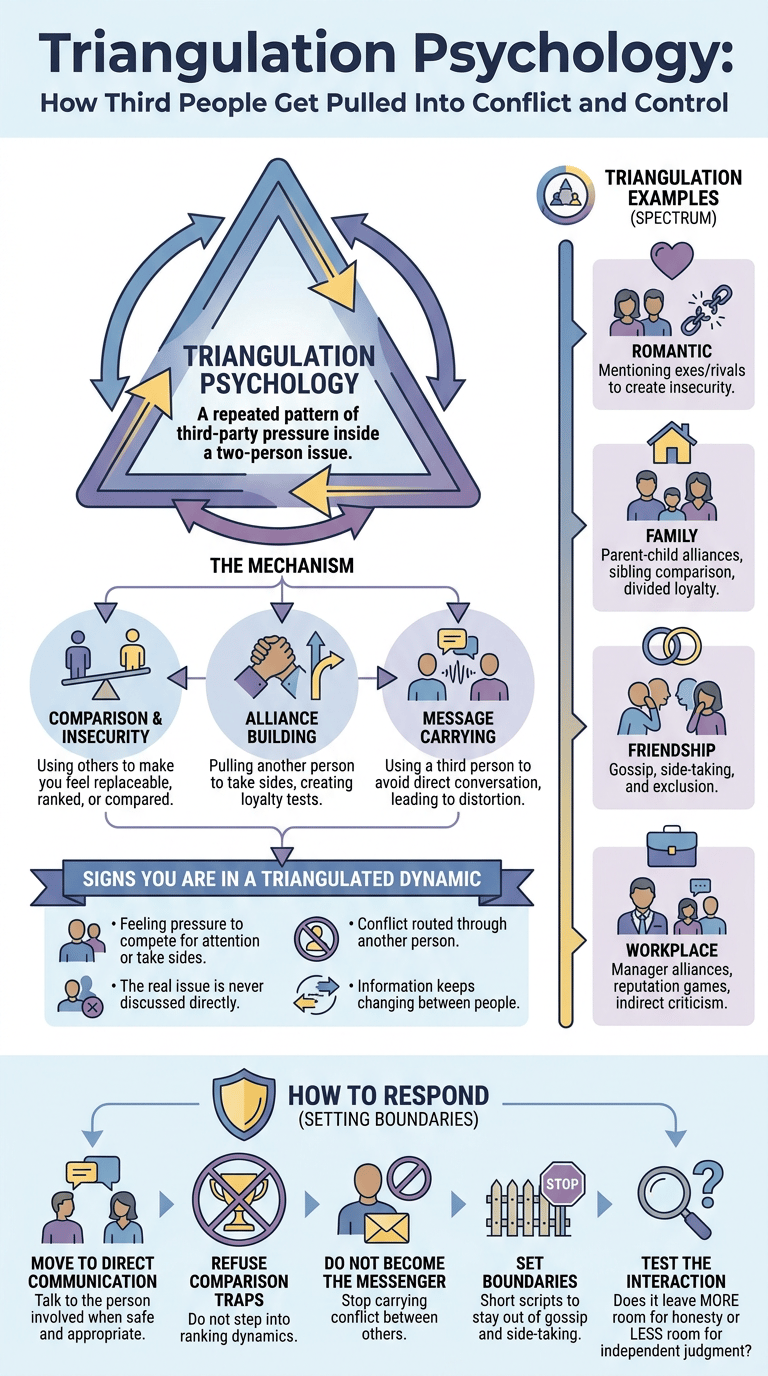 Triangulation Psychology: How Third People Get Pulled Into Conflict and Control infographic