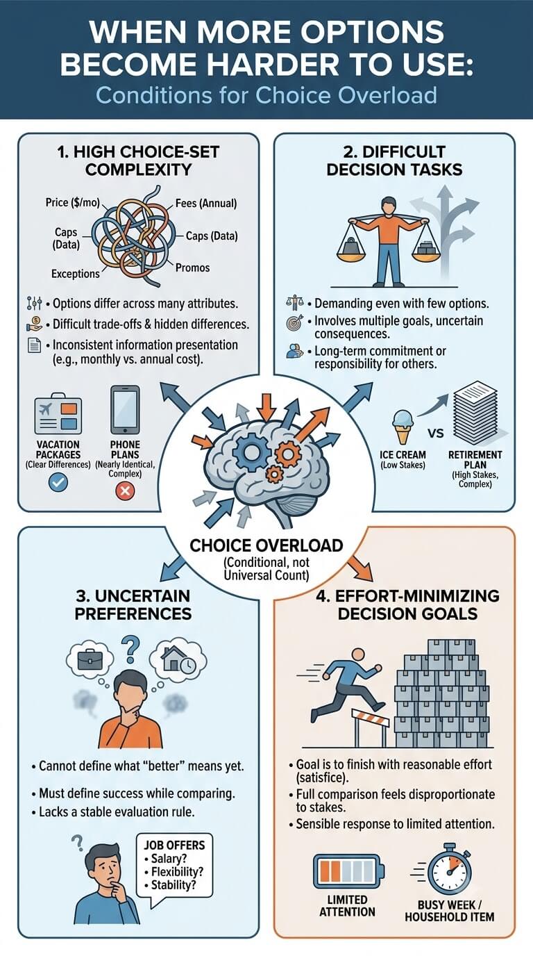 Choice Overload Psychology: When More Options Make Choosing Harder infographic - When More Options Become Harder to Use