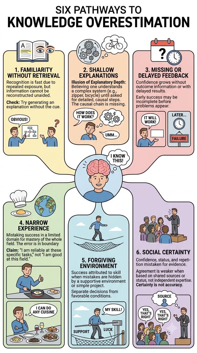 Six Pathways to Knowledge Overestimation