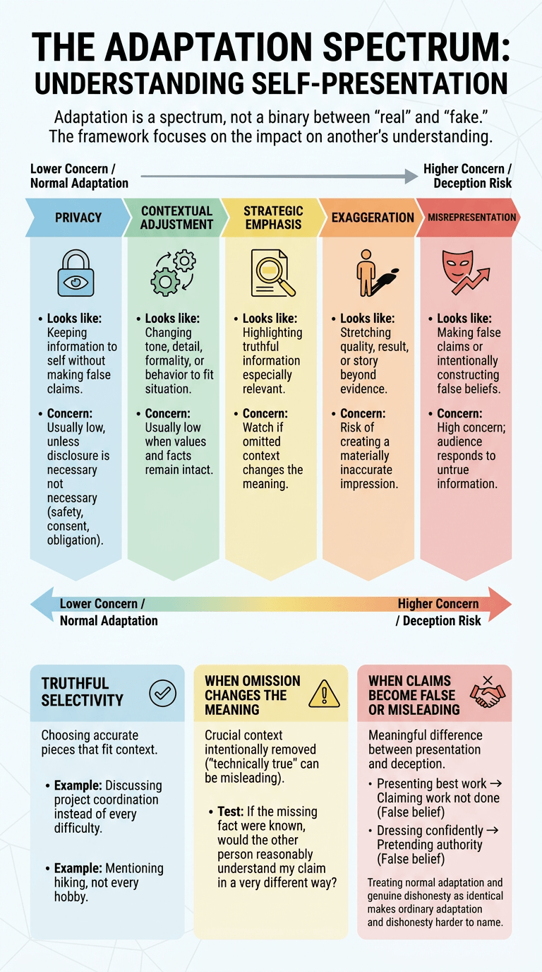 The Adaptation Spectrum: Privacy → Contextual Adjustment → Strategic Emphasis → Exaggeration → Misrepresentation