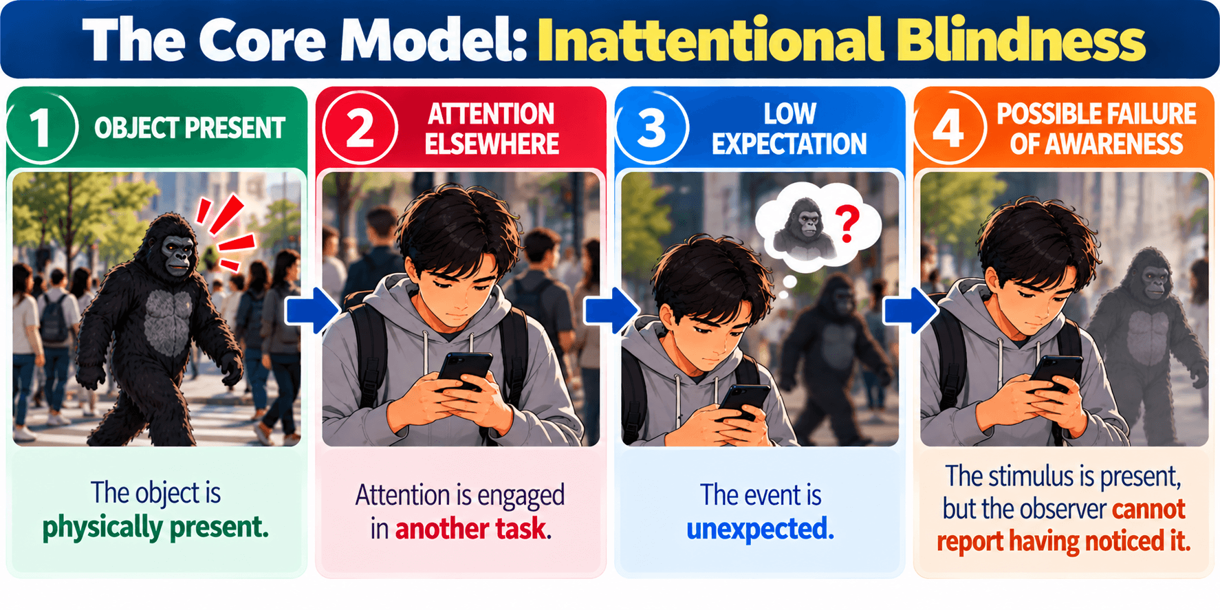 The Core Model: OBJECT PRESENT + ATTENTION ELSEWHERE + LOW EXPECTATION → POSSIBLE FAILURE OF AWARENESS