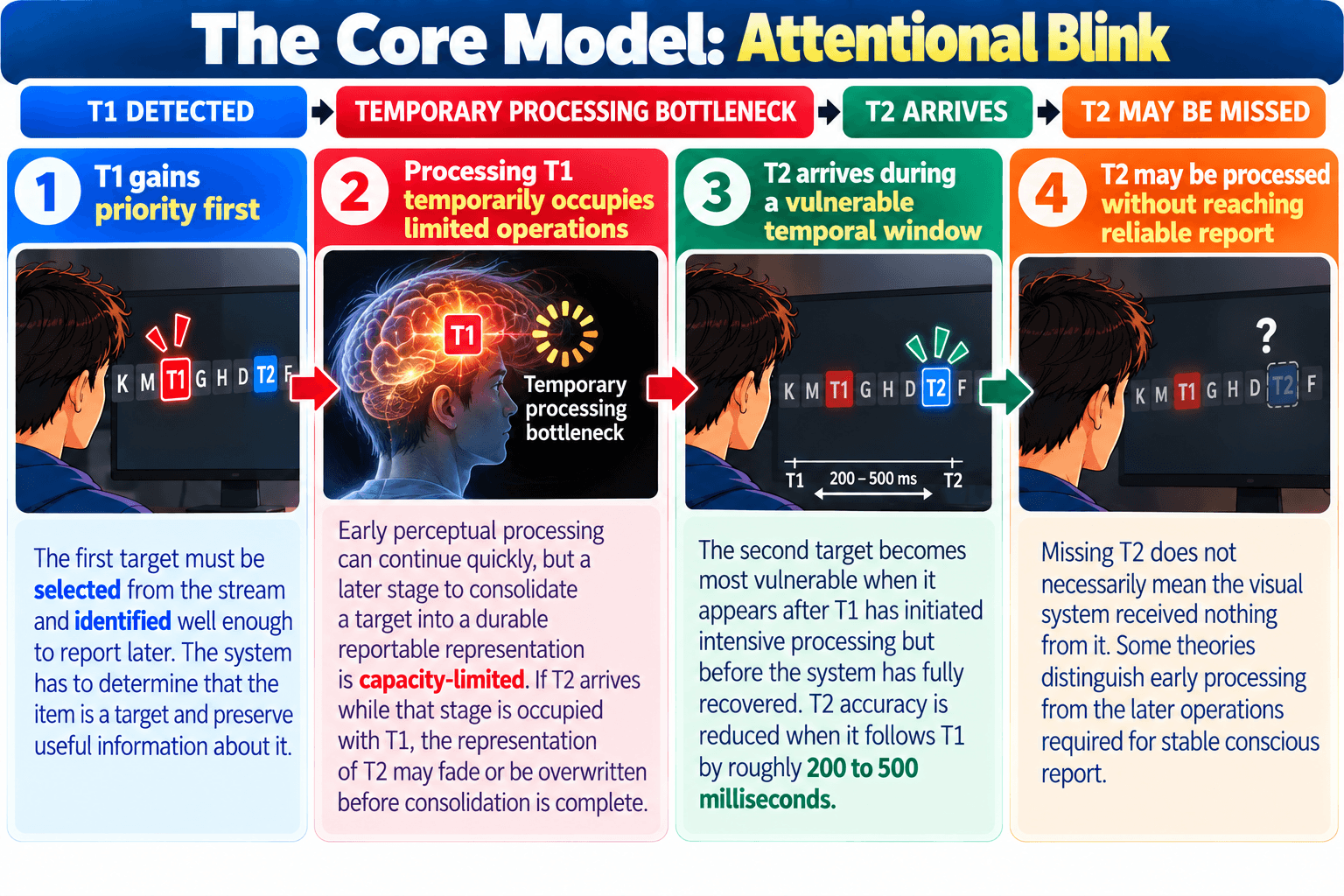 The Core Model: T1 DETECTED → TEMPORARY PROCESSING BOTTLENECK → T2 ARRIVES → T2 MAY BE MISSED