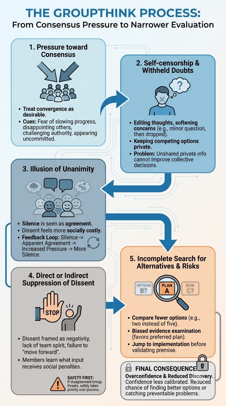 The Groupthink Process: From Consensus Pressure to Narrower Evaluation