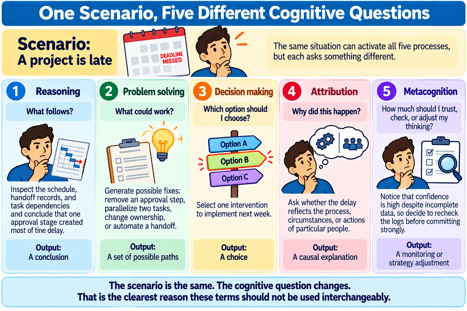 One Scenario, Five Different Cognitive Questions