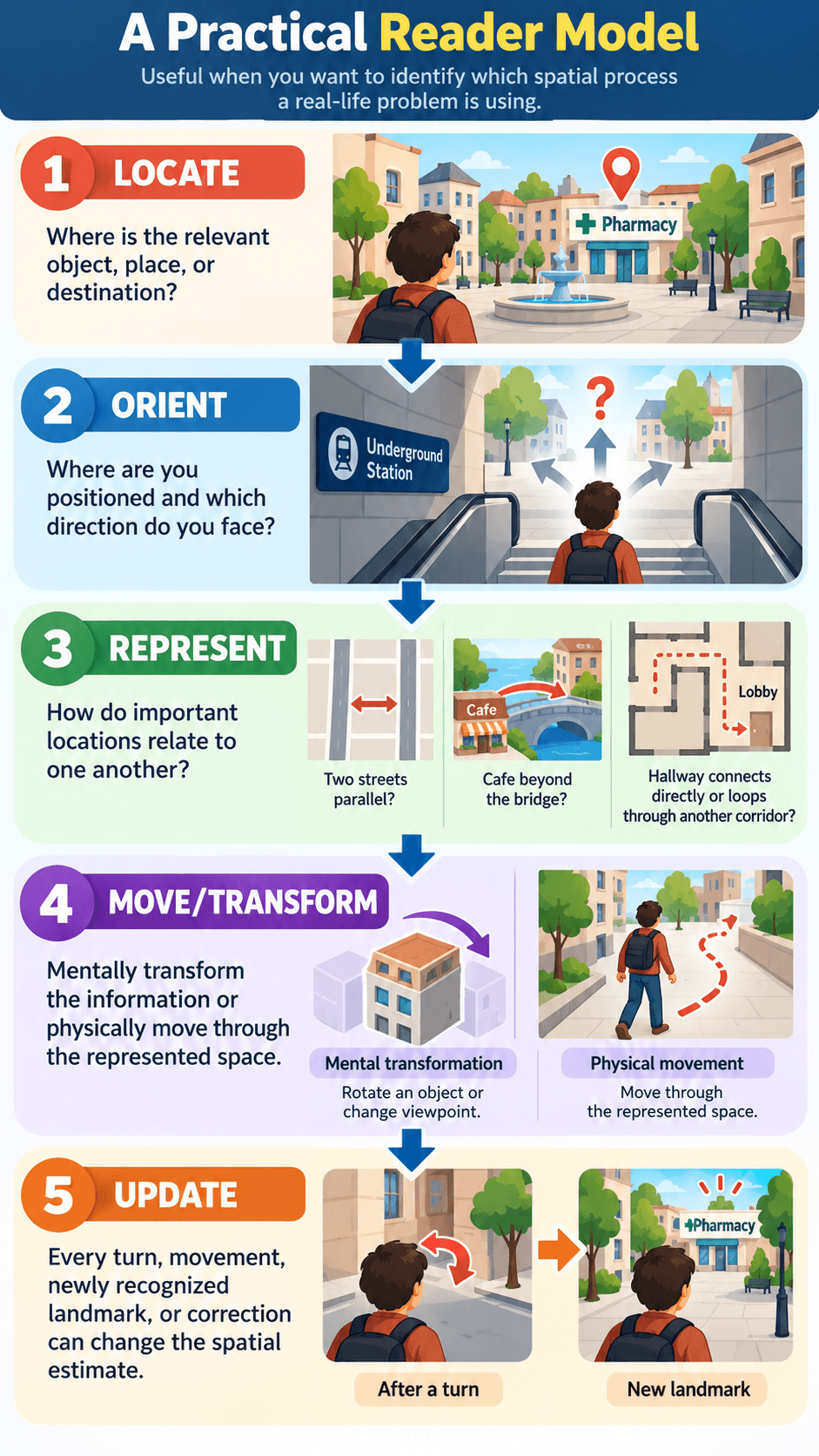 A Practical Reader Model: LOCATE → ORIENT → REPRESENT → MOVE/TRANSFORM → UPDATE