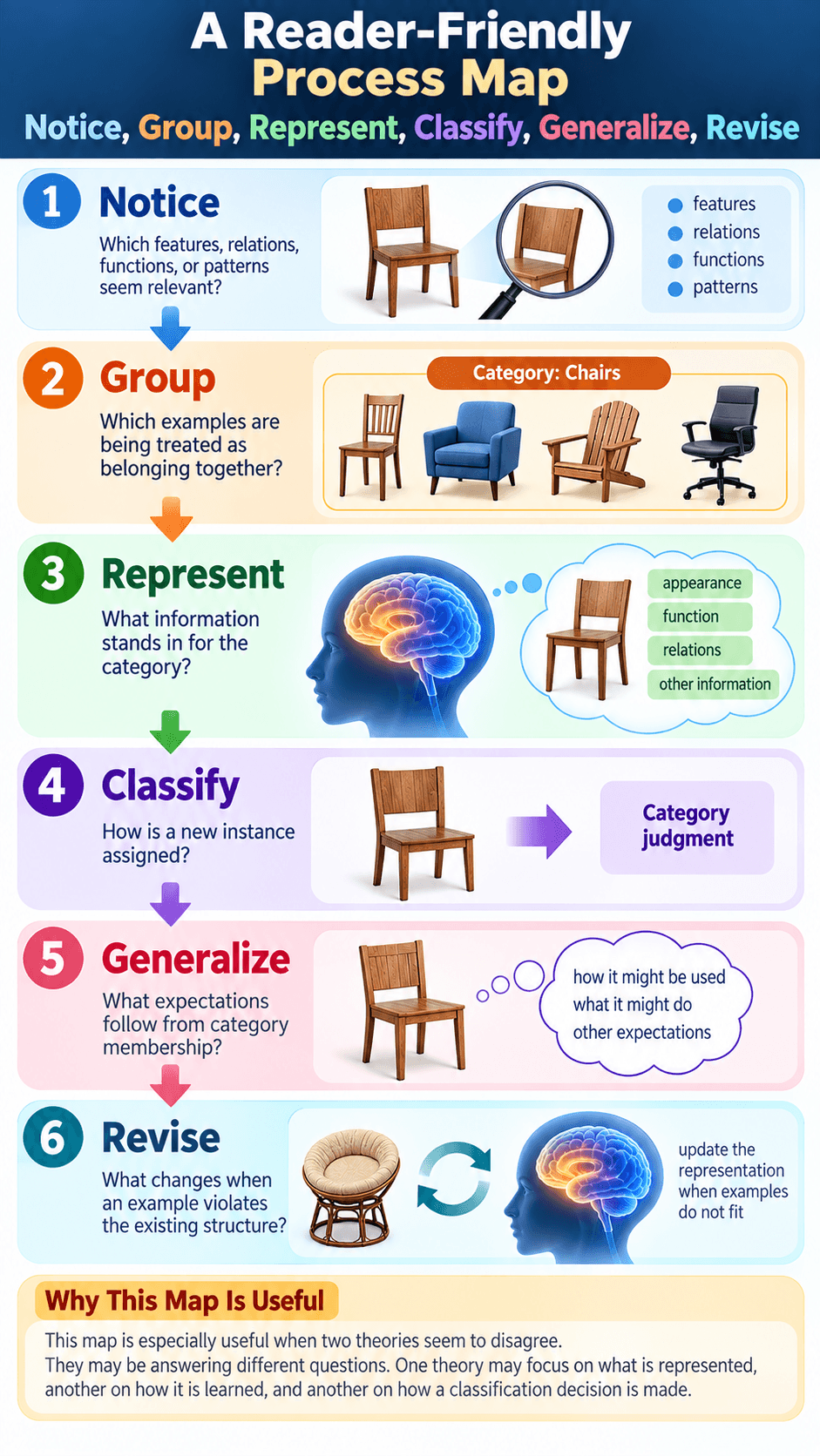 A Reader-Friendly Process Map: Notice, Group, Represent, Classify, Generalize, Revise