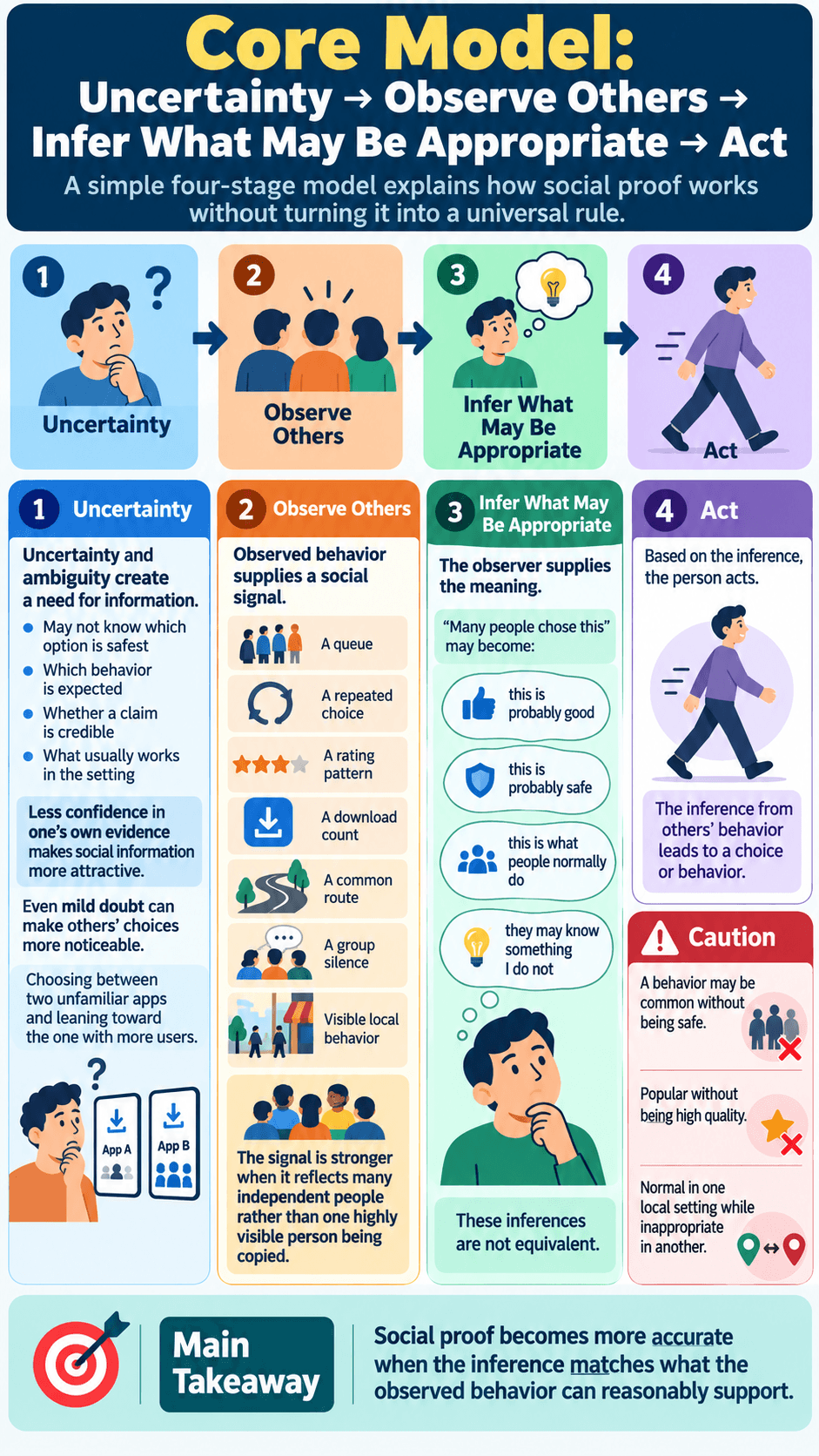 Core Model: Uncertainty → Observe Others → Infer What May Be Appropriate → Act