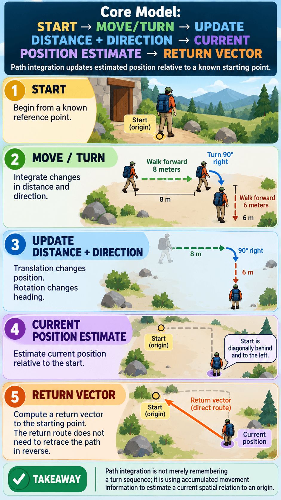 Core Model: START → MOVE/TURN → UPDATE DISTANCE + DIRECTION → CURRENT POSITION ESTIMATE → RETURN VECTOR