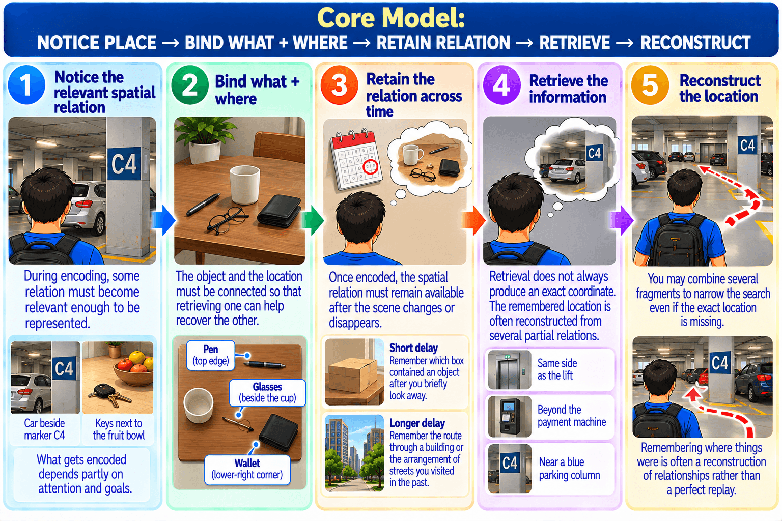 Core Model: NOTICE PLACE → BIND WHAT + WHERE → RETAIN RELATION → RETRIEVE → RECONSTRUCT